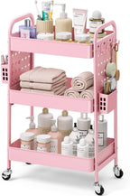 KINGRACK 3 Tier Rolling Cart with DIY Pegboard, Metal Utility Cart with Wheels, Hooks & Baskets, Sturdy Storage Organizer for Craft, Bathroom, Kitchen, Office, Nursery, Classroom(Pink)