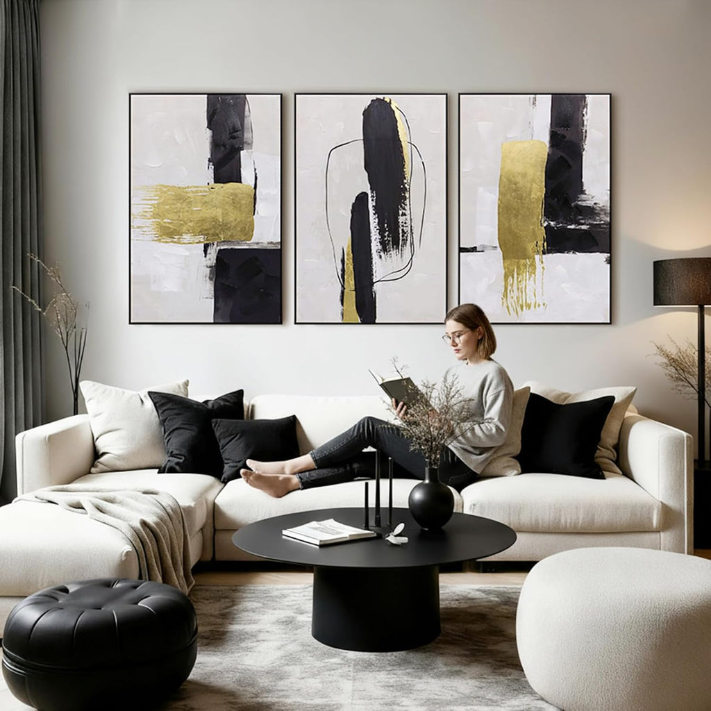 Abstract Neutral Textured Framed Canvas Wall Art Set of 3, Minimalist Wall Decor Modern Art Prints, Black Gold Wall Painting Artwork for Living Room,Bedroom,Dining Room,Office, 16"x24"