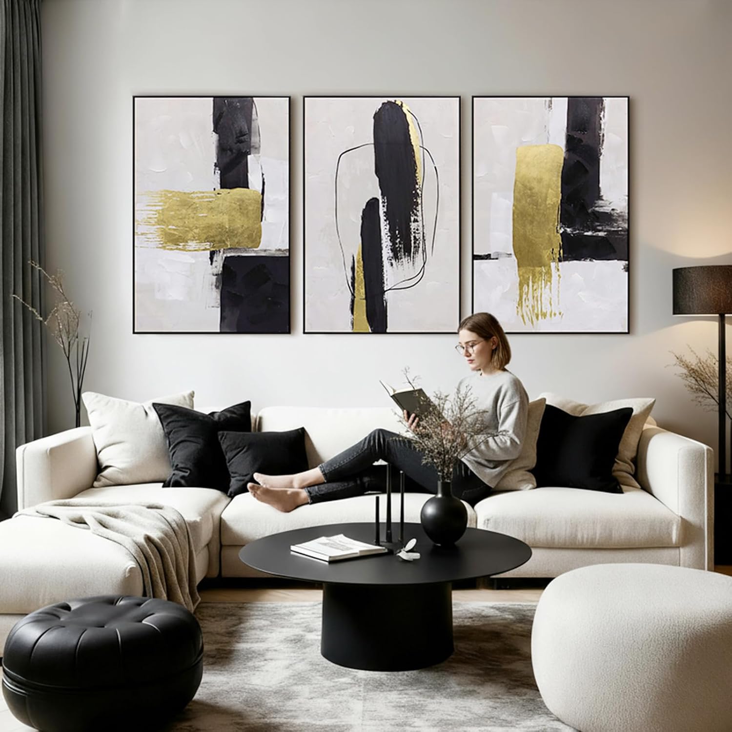 Abstract Neutral Textured Framed Canvas Wall Art Set of 3, Minimalist Wall Decor Modern Art Prints, Black Gold Wall Painting Artwork for Living Room,Bedroom,Dining Room,Office, 16"x24"