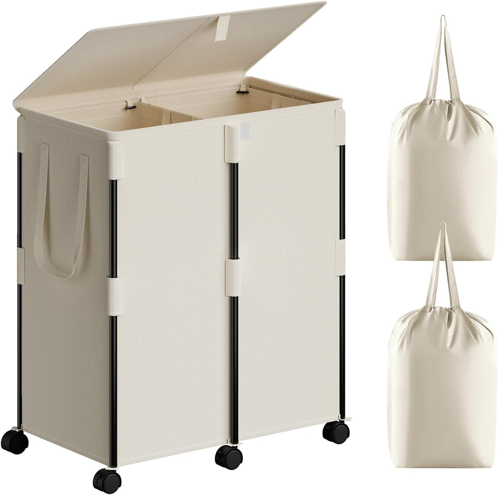 140L Double Laundry Hamper with Lid and 6 Wheels, Rolling Laundry Basket with 2 Removable Bags, Heavy Duty Metal Frame Clothes Cart, 2-Section Laundry Sorter for Bedroom, Bathroom (White)
