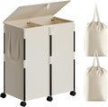 140L Double Laundry Hamper with Lid and 6 Wheels, Rolling Laundry Basket with 2 Removable Bags, Heavy Duty Metal Frame Clothes Cart, 2-Section Laundry Sorter for Bedroom, Bathroom (White)