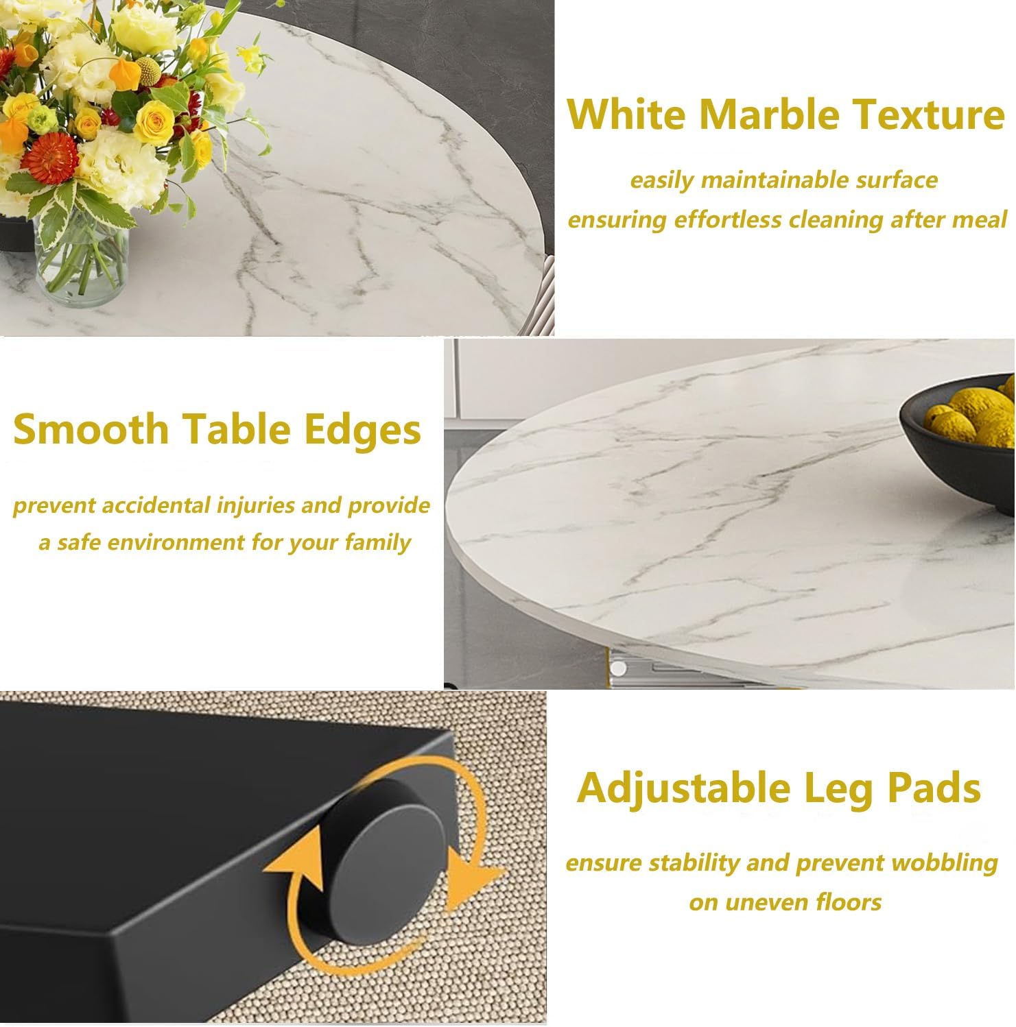 42''-59'' Extendable Dining Room Table for 4-6, White Marble Round Dining Table, Modern Kitchen Circle Oval Dinner Table with Carbon Steel Base Removable Leaves Space Saving, Mid-Century