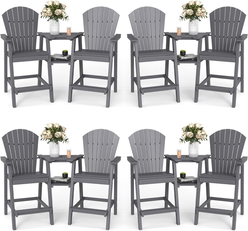 FOOWIN Tall Adirondack Chair Set of 8, All Weather HDPE Bar Height Adirondack Chair with Double Connecting Trays, Adirondack Barstools for Balcony, Deck, Backyard, Patio, Garden Grey