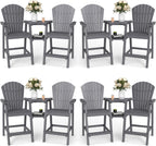FOOWIN Tall Adirondack Chair Set of 8, All Weather HDPE Bar Height Adirondack Chair with Double Connecting Trays, Adirondack Barstools for Balcony, Deck, Backyard, Patio, Garden Grey