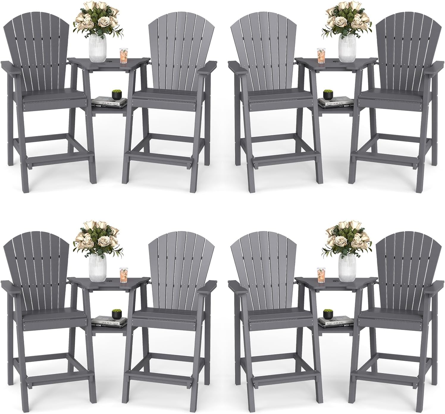 FOOWIN Tall Adirondack Chair Set of 8, All Weather HDPE Bar Height Adirondack Chair with Double Connecting Trays, Adirondack Barstools for Balcony, Deck, Backyard, Patio, Garden Grey