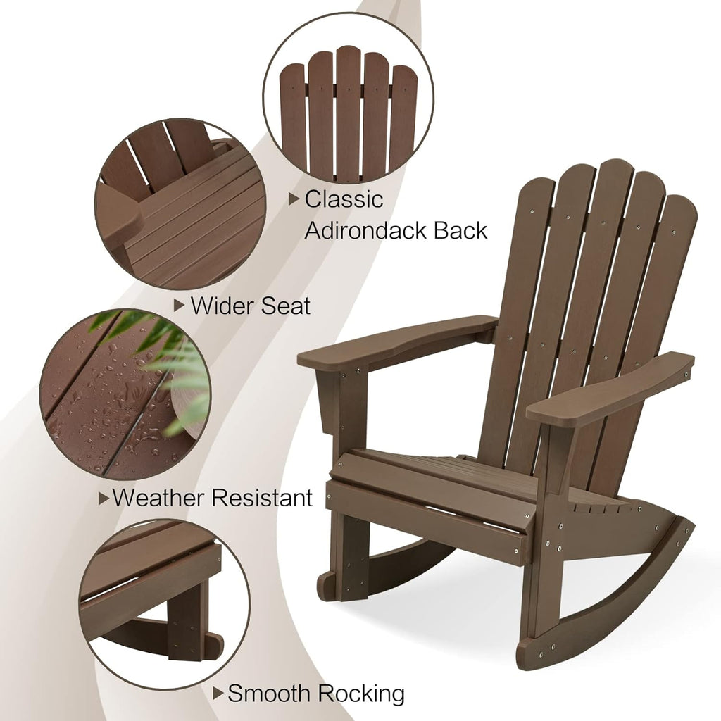Psilvam Adirondack Rocking Chair Set of 2, Eco-Friendly Wood-Style Outdoor Patio Rocker - Heavy Duty 350 lbs Capacity, All-Weather Recycled Plastic, Easy Assembly (Brown)