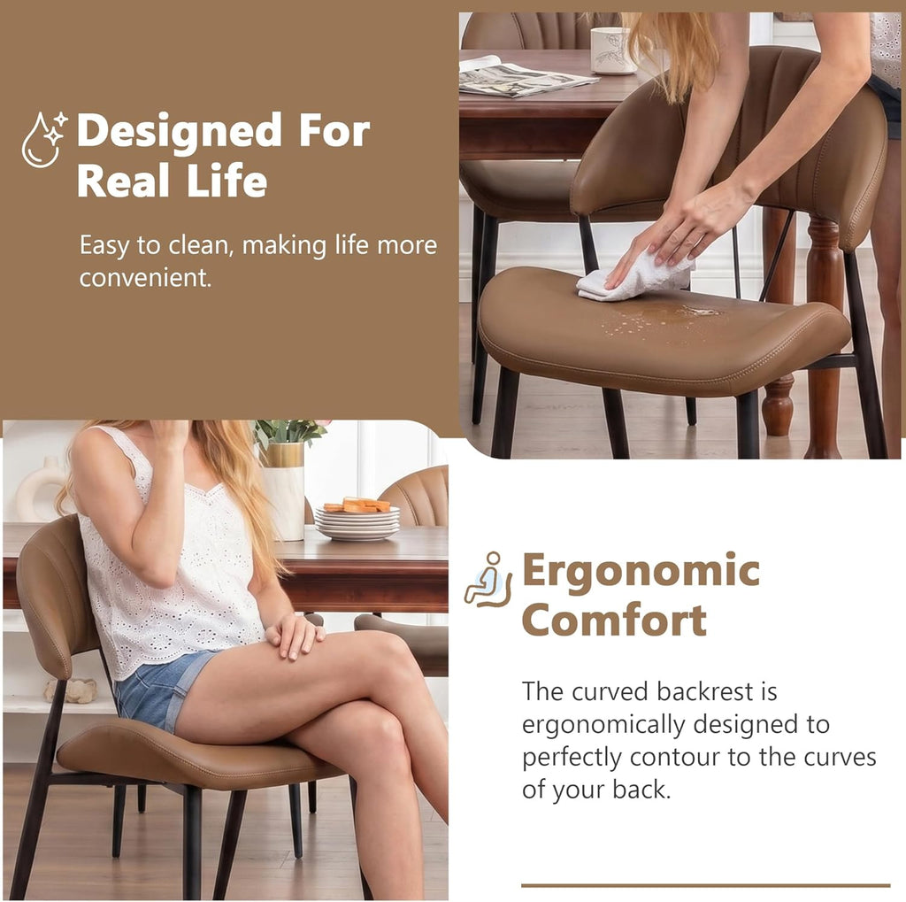 PU Leather Dining Chairs Set of 4, Mid Century Modern Dining Chairs with Stitching, Upholstered Kitchen & Dining Room Chairs with Curved Back and Black Metal Legs (Brown)