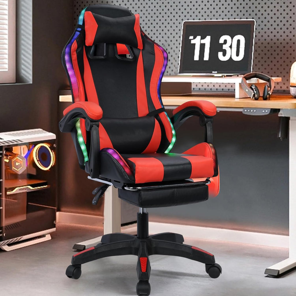 Gaming Chair, Video Game Chair with LED Light, Ergonomic Massage Computer Chairs Height Adjustable with 360° Swivel Seat and Headrest(US Fast Arrival) Black & Red