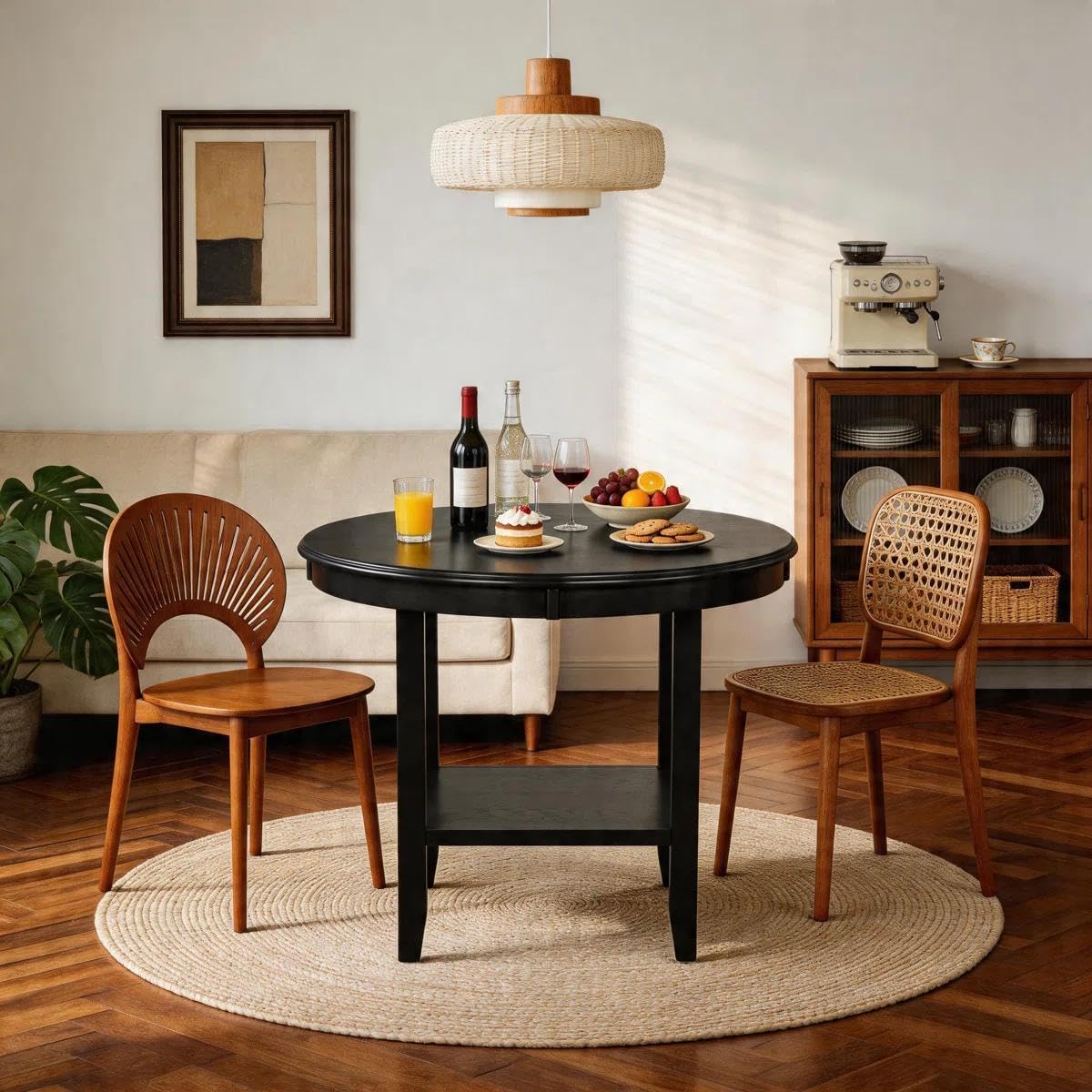 SogesHome Solid Wood Round End Table with Storage Shelf, Heavy Duty Small Kitchen Table for 2-4 People, Rustic Modern Space Saving Side Desk for Living Room, Bedroom, Kitchen, Office, Hallway