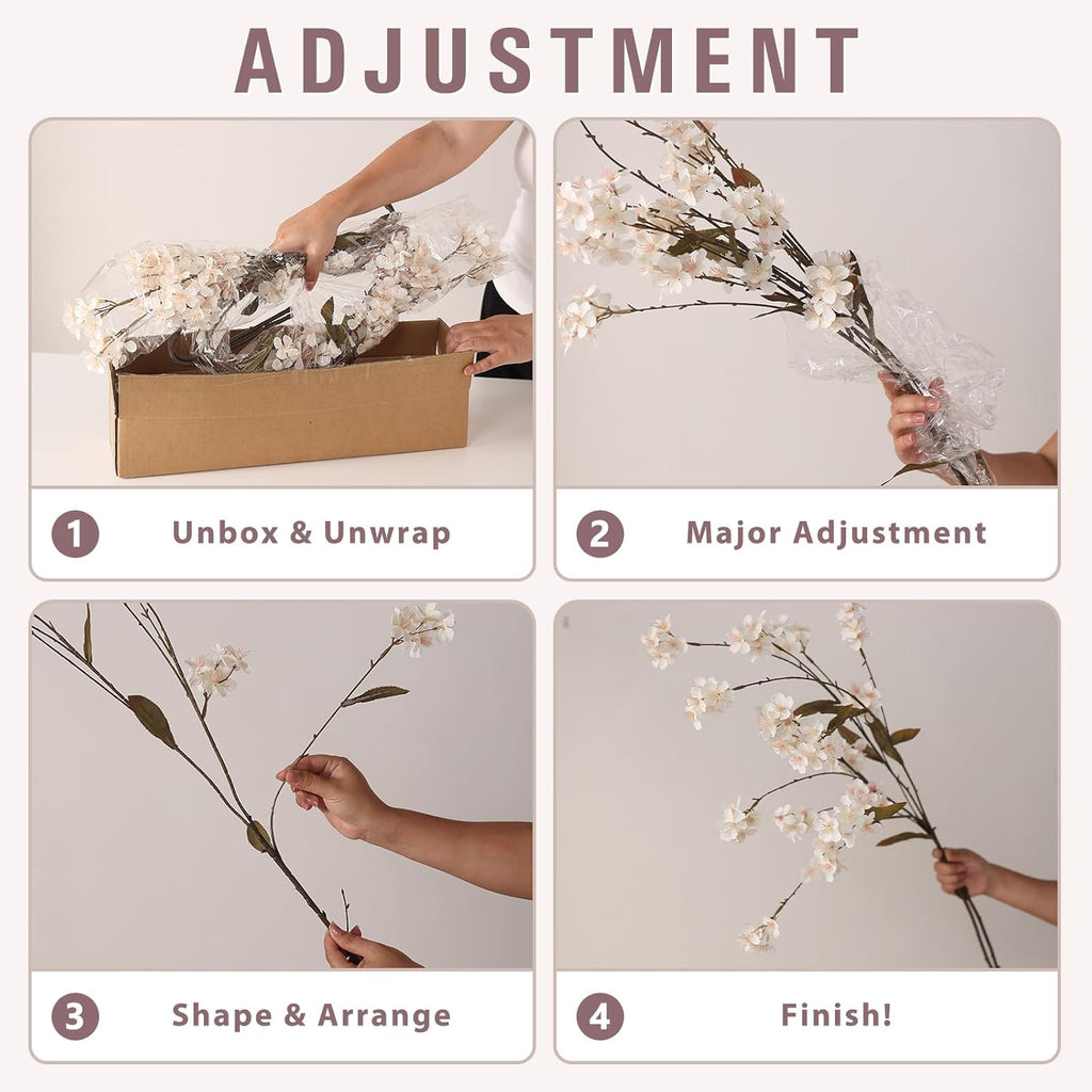 44" Artificial Cherry Blossom Branches for Vase - 4 PCS Faux Long Cherry Blossom Stems, Lifelike Fake Silk Flowers for DIY Arrangements, Table Centerpiece, Office, Home, Farmhouse Decorations (Cream)