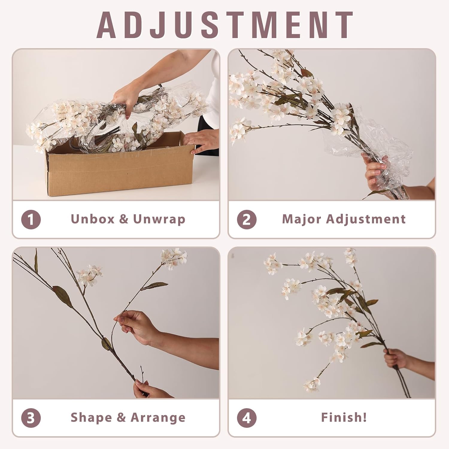 44" Artificial Cherry Blossom Branches for Vase - 4 PCS Faux Long Cherry Blossom Stems, Lifelike Fake Silk Flowers for DIY Arrangements, Table Centerpiece, Office, Home, Farmhouse Decorations (Cream)