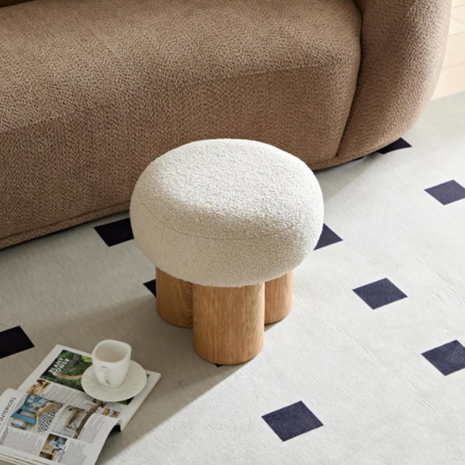Small Mushroom Foot Stool, Teddy Fabric Ottoman with Non-Skid Legs, Modern Footrest for Under Desk, Sofa Couch, Shoe Changing Bench, Living Room, Bedroom, Office - Beige