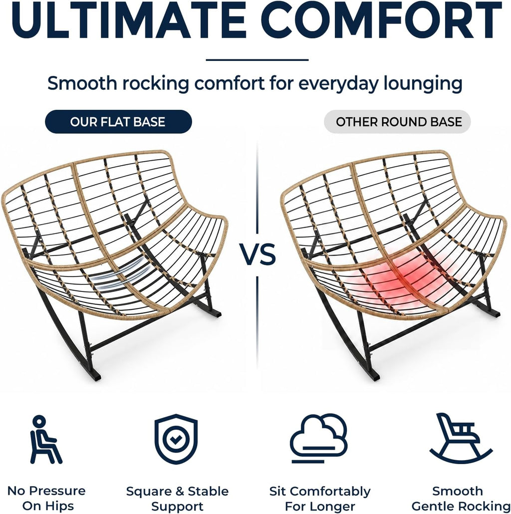 SWITTE Outdoor Oversized Rocking Papasan Chair, Indoor Wicker Egg Lounge with Thick Cushion, 450 lbs Heavy Duty Comfy Patio Rocker Chair for Balcony, Porch, Indoor Living Room, Beige