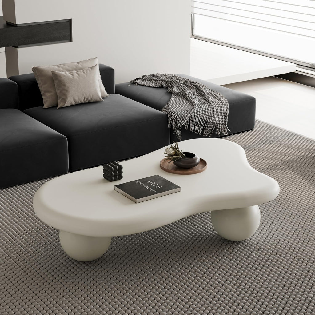 47" Cloud Coffee Table for Living Room Irregular Coffee Table Modern Low Coffee Tables Abstract Faux Stone Cute Center Table with 3 Ball Legs for Small Space Apartment