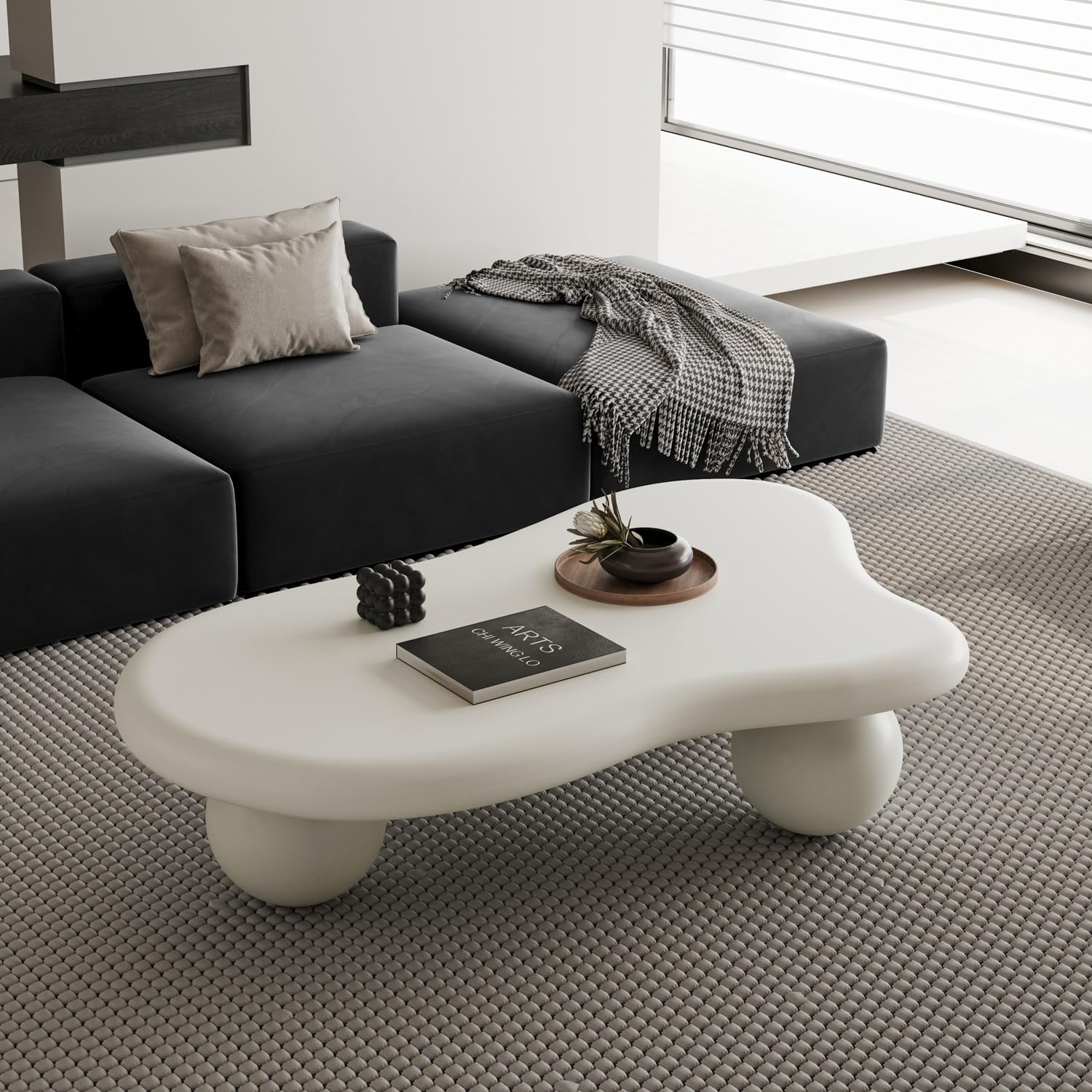47" Cloud Coffee Table for Living Room Irregular Coffee Table Modern Low Coffee Tables Abstract Faux Stone Cute Center Table with 3 Ball Legs for Small Space Apartment