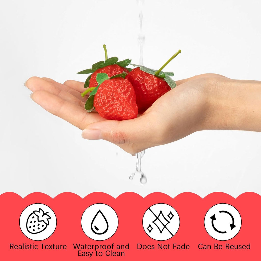 Lyrow 100 Pieces Artificial Strawberries 2.2inch/2.76inch/3.35inch Faux Realistic Strawberry Decor Plastic Simulation Fake Lifelike Fruit for Photography Prop Cabinet Party(Cute)