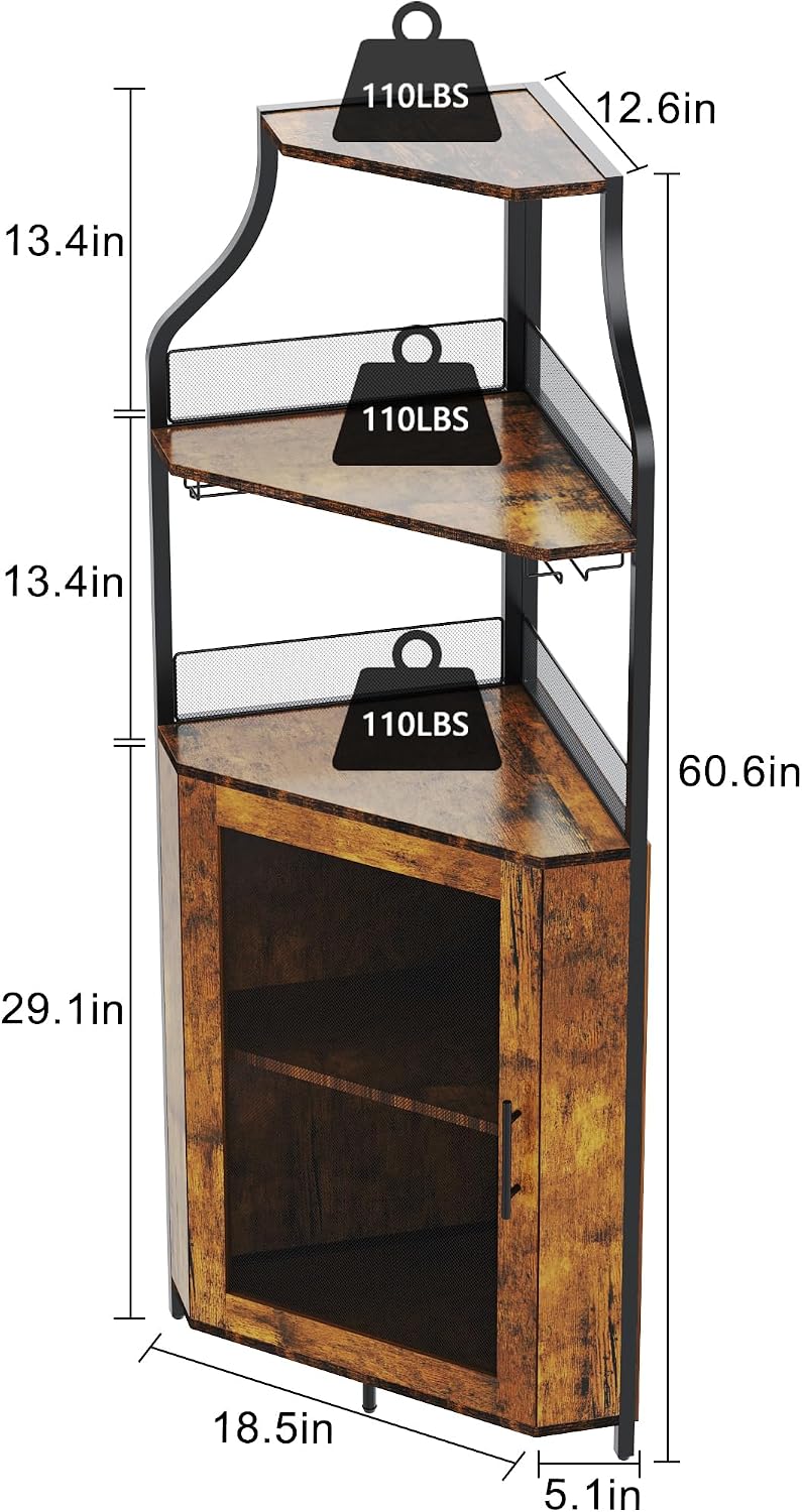 GAOMON Corner Bar Cabinet with LED Strip and Glass Holder, Industrial Wine Cabinet with Adjustable Shelf, 5-Tier Liquor Cabinet for Home, Rustic Brown
