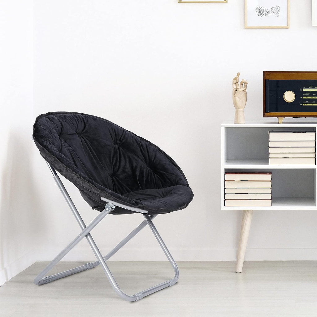 Nouva Saucer Chiar Foldable Moon Chair Folding Soft Fuzzy Seating Faux-Fur Round Circle Chair Gaming Chair for Indoor Outdoor Living Room Bedroom Dorm Home Set of 2, Black