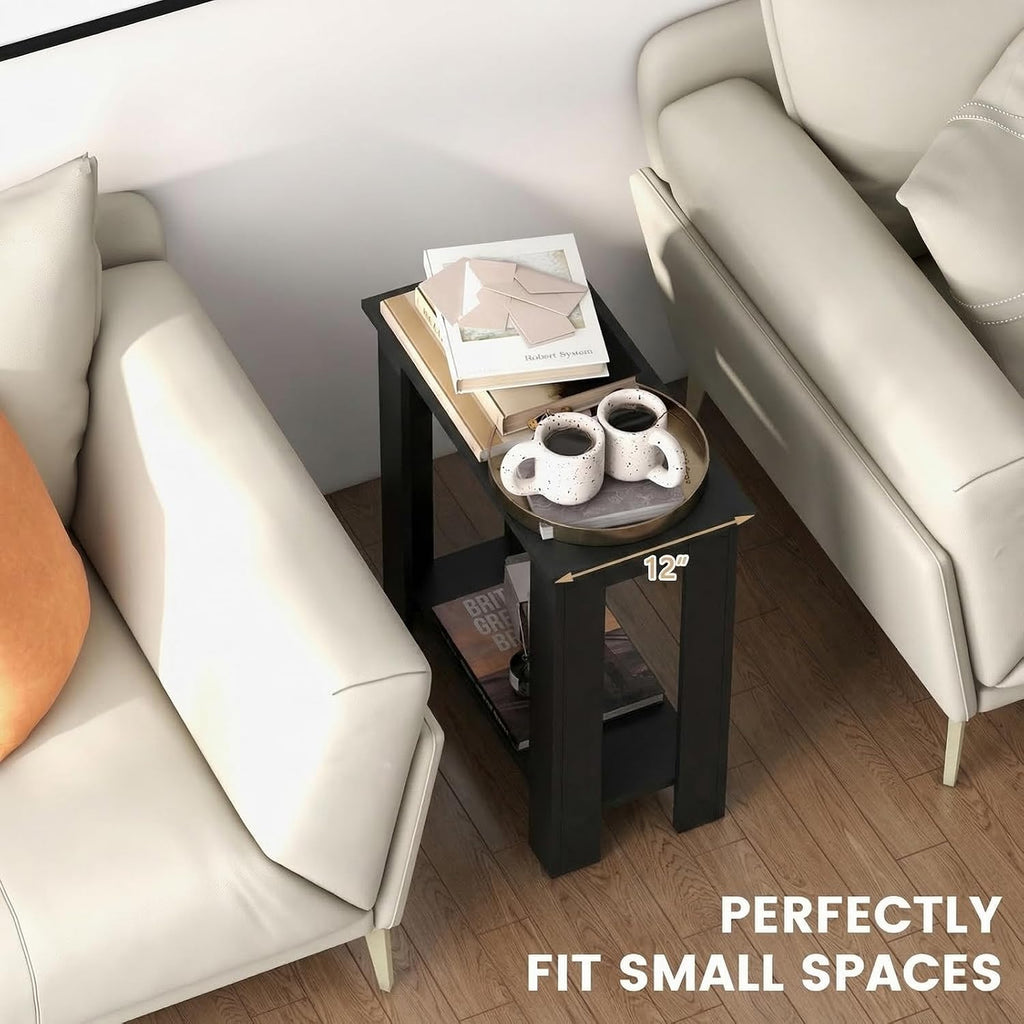 Giantex Narrow End Table, 2-Tier Side Table with Open Storage Shelf, Retro Wood Sofa Table Bedside Tables for Small Spaces, Slim Nightstand for Living Room, Bedroom, Easy Assembly, Black