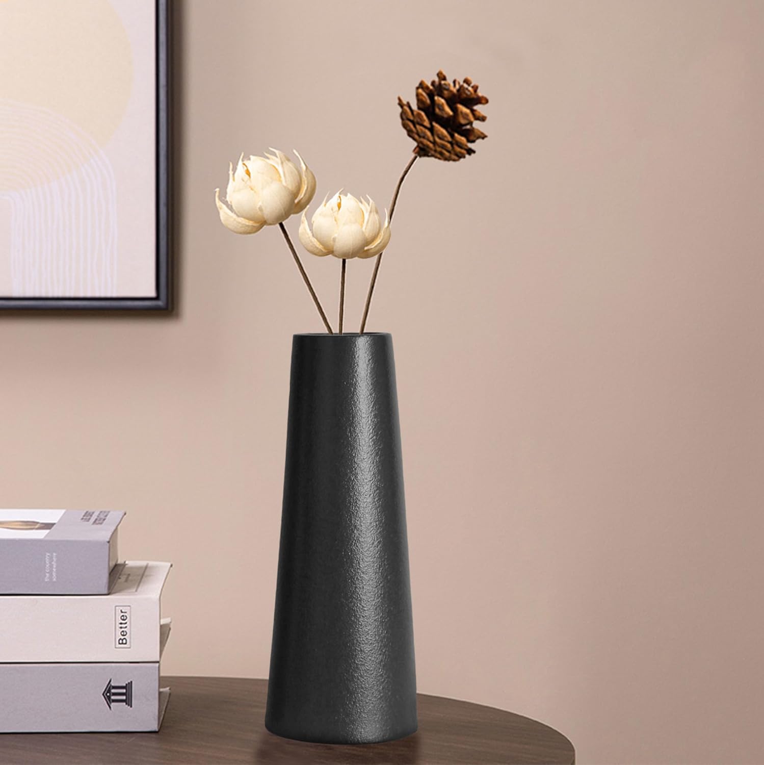 Black Ceramic Vase, 10 Inch Modern Rustic Table Vase for Pampas Grass, Flowers, Dried Flowers, Home Decor - Matte Black
