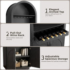 79" Arched Display Cabinet with LED Lighting & Built-In Outlets, 2-Piece Coffee Bar Station with Wine Drawer, Stemware Rack and Adjustable Shelves for Kitchen, Dining Area, Lounge, Black Grey