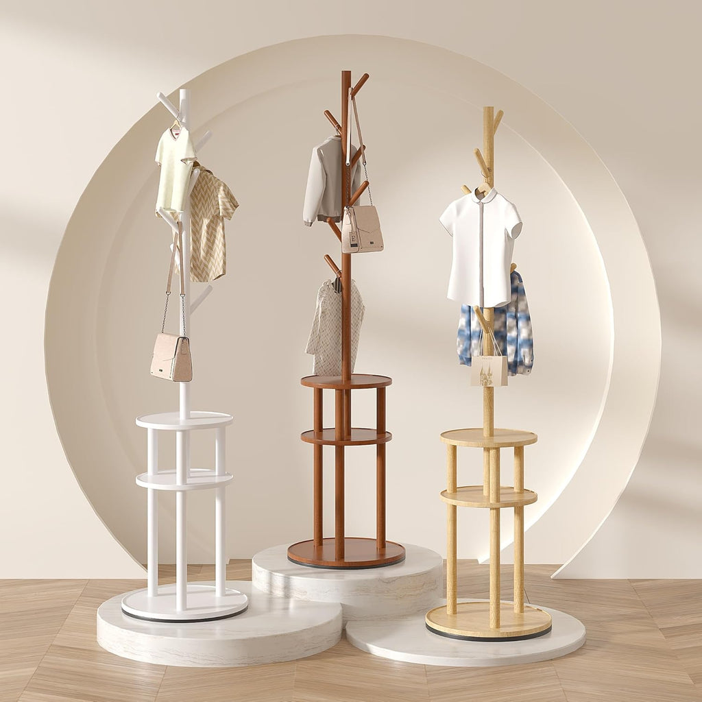 VECELO Coat Rack Freestanding, Entryway Hanger Stand, Umbrella Holder, Hall Tree With Hooks, Floor Standing Tree Stand,Walnut