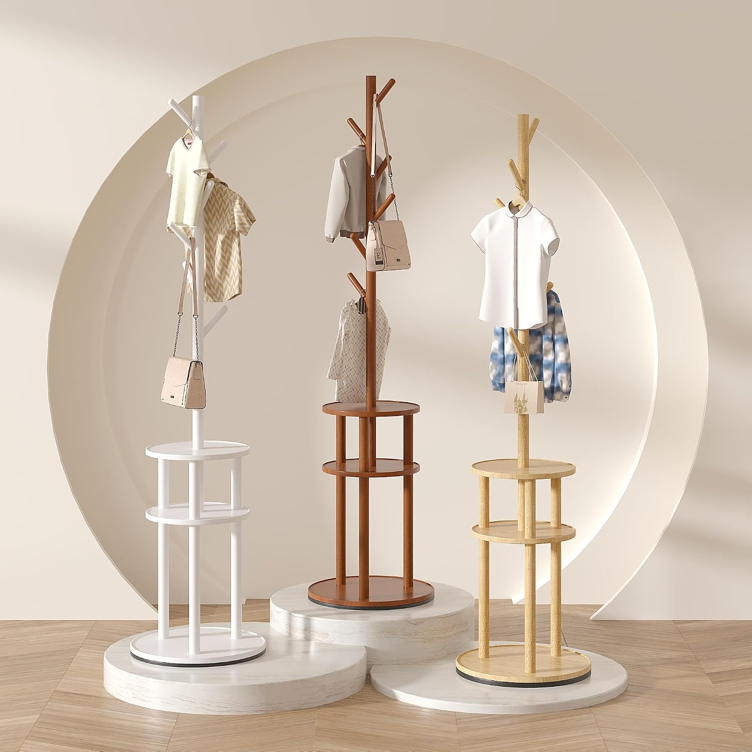 VECELO Coat Rack Freestanding, Entryway Hanger Stand, Umbrella Holder, Hall Tree With Hooks, Floor Standing Tree Stand,White