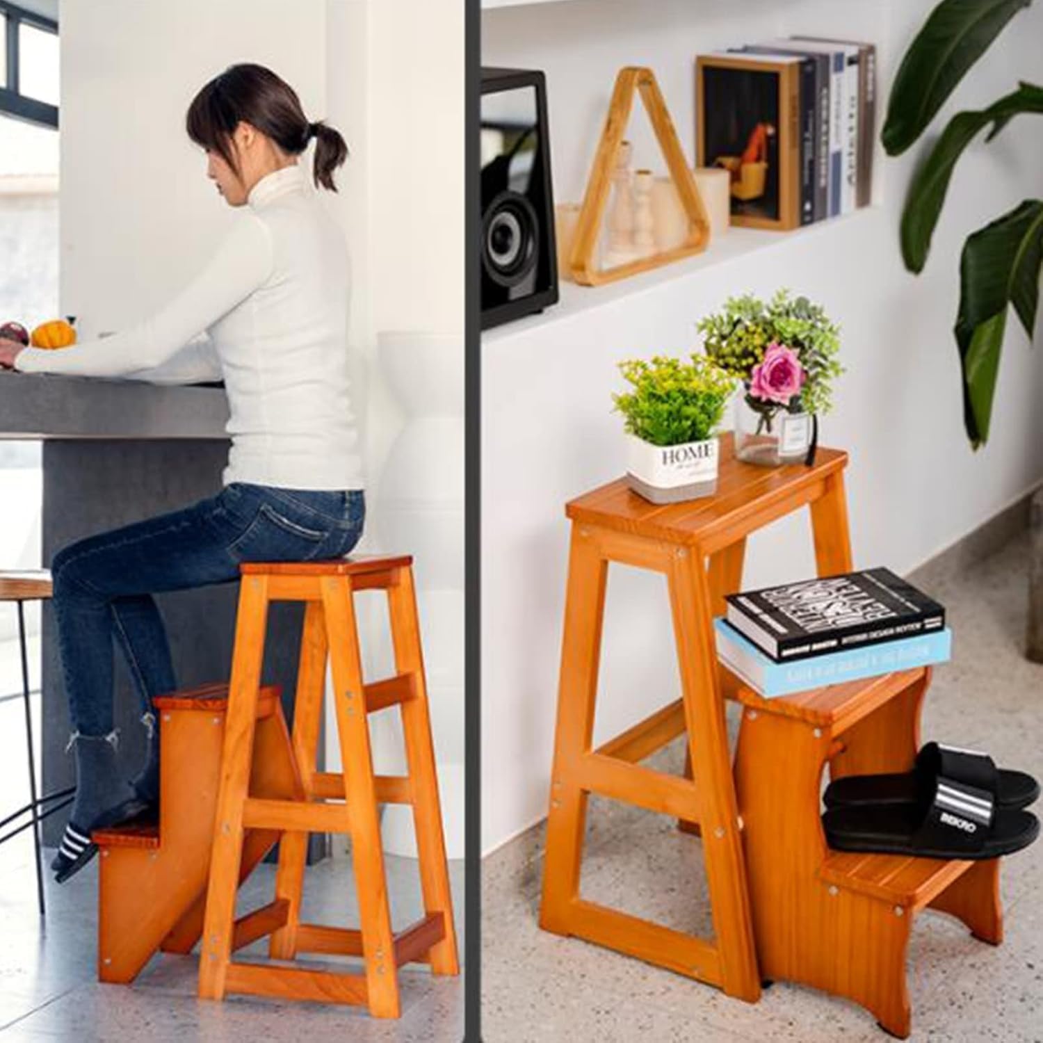 3 Step Solid Wood Folding Ladder Chair Portable Wooden Step Stool for Adults Office Home Kitchen Outdoor(Burgundy,77cm)