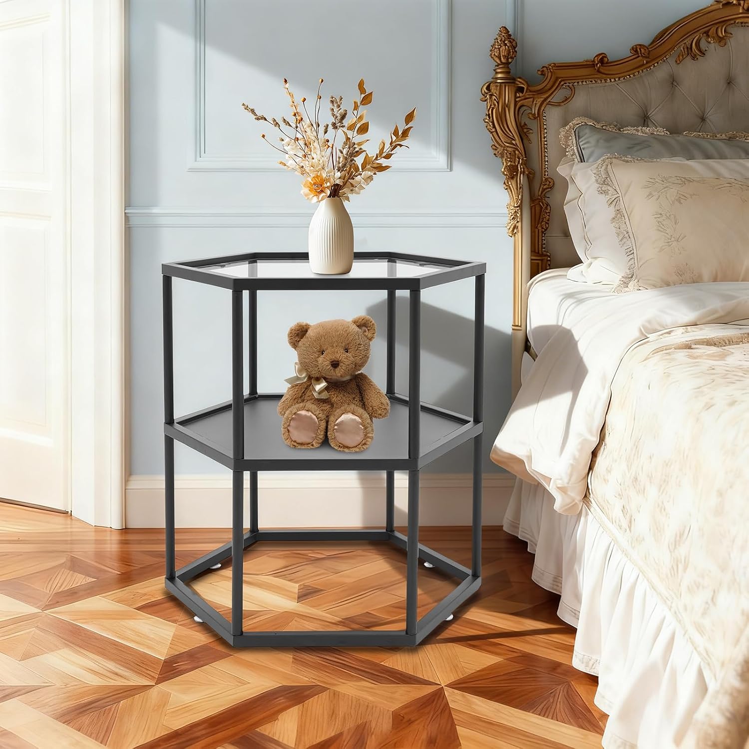 Side Table, Modern Coffee Tables with 2-Tier Storage with Metal Frame, Hexagon Glass Center Table for Living Room Bedroom Office Apartments Decor