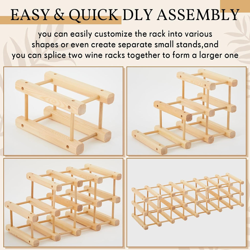 Juexica 1 Pcs 12 Bottles Wooden Wine Rack Sturdy and Durable for Inside Cabinet Stackable Countertop Modular Wine Storage Rack DIY Assembly Bottle Holder for Cellar (Natural Color)