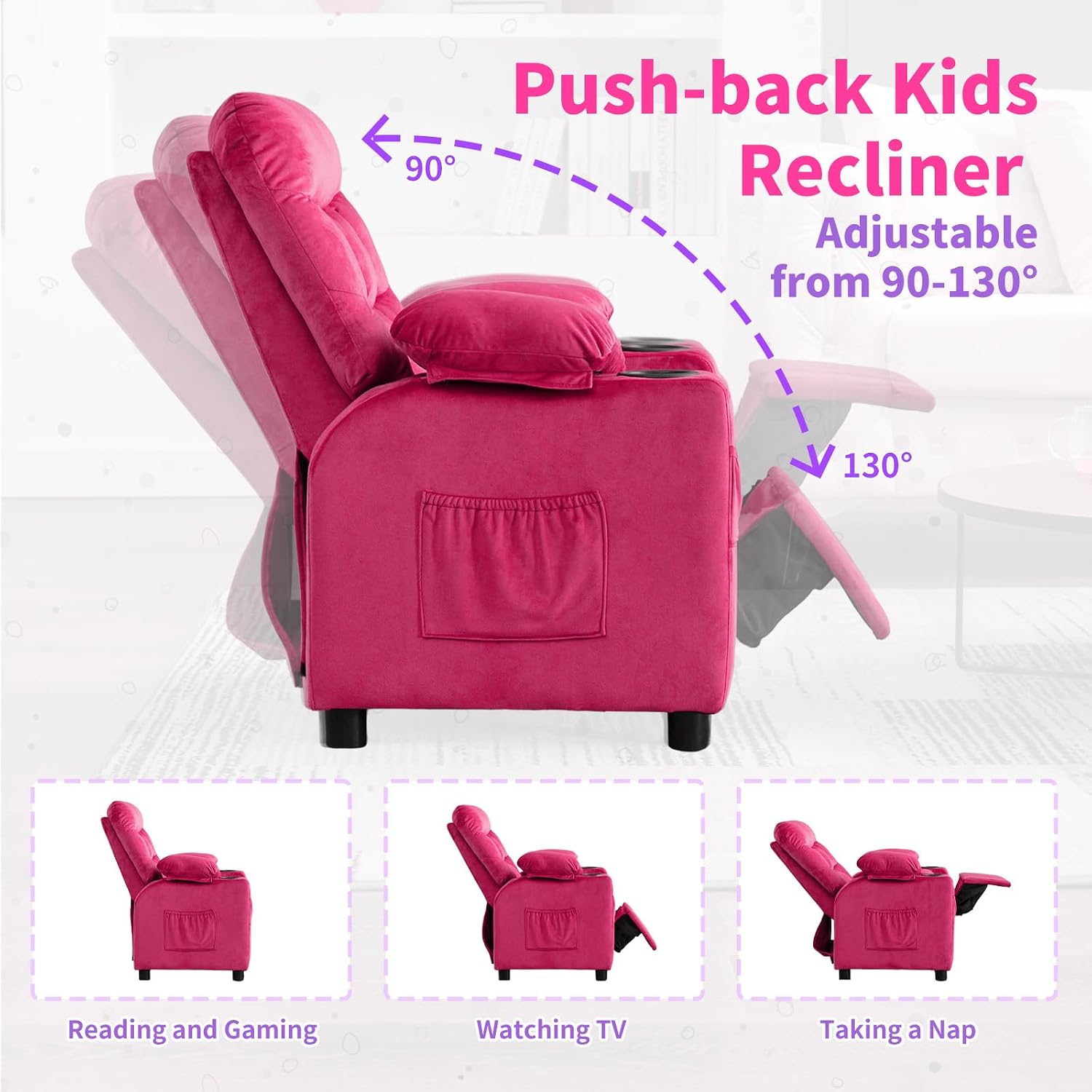 Kids Recliner, Toddlers Kids Recliner Chair with Cup Holder, Ergonomic Adjustable Velvet Lounge Chair with Footrest & Side Pockets, Toddlers Baby Sofa for Boys Girls Bedroom (Rose Pink)