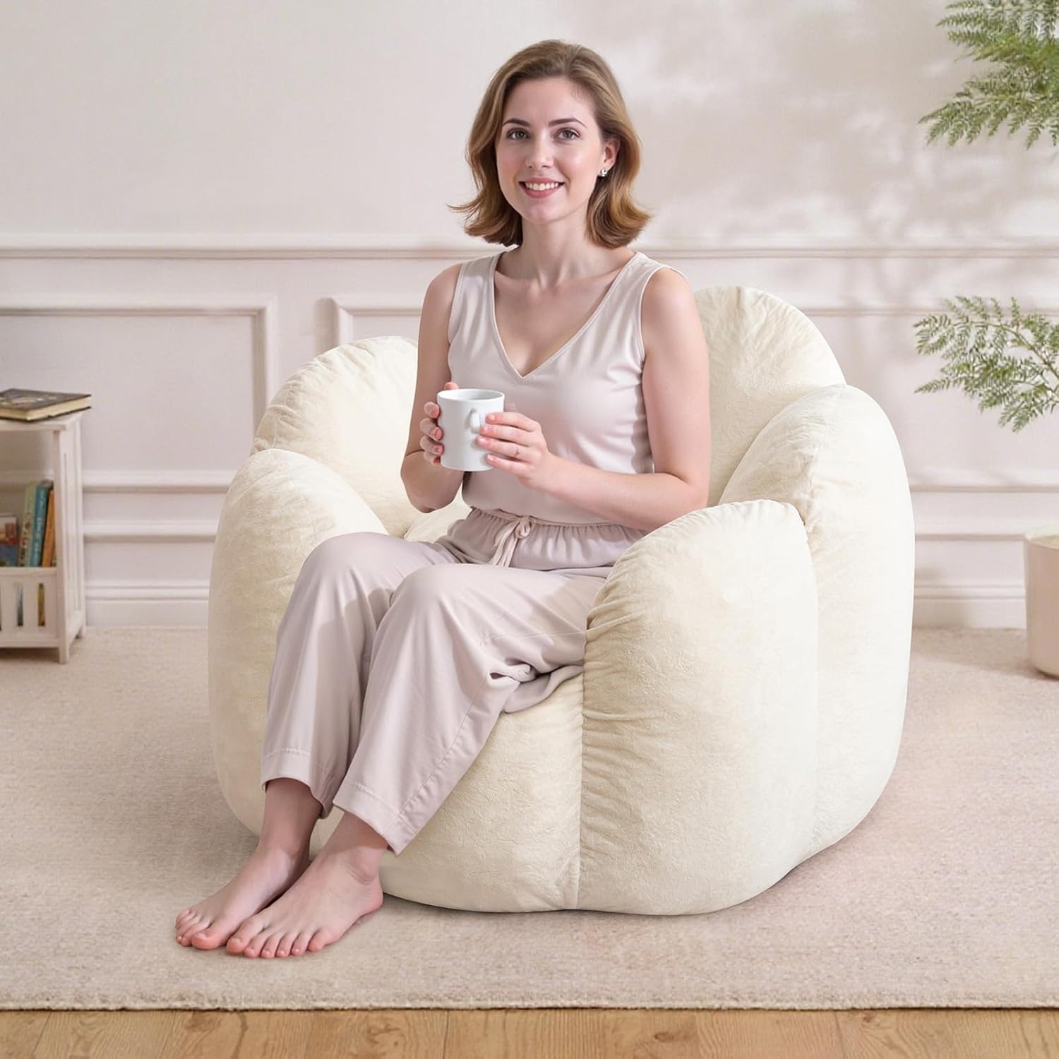 HOMMPA Bean Bag Chair for Adults Comfy Velvet Bean Bag Couch with Back Support Flower Shaped Oversized Sofa for Living Room,Bedroom,Dorm,Beige