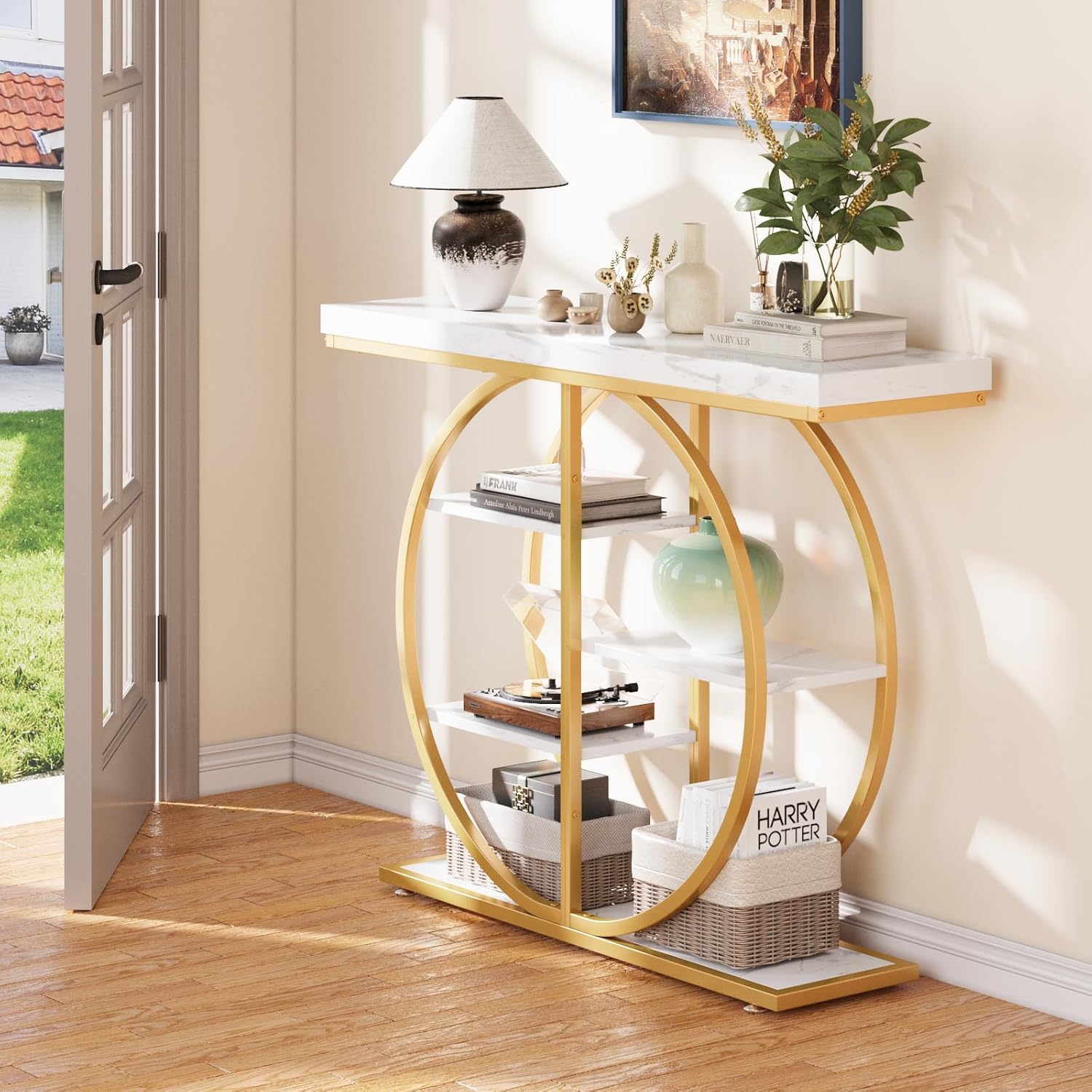 LIFECHOVY 41.3" Console Table for Entryway, Industrial Hallway Sofa Table with Storage Shelves, Narrow Accent Decor Living Room Furniture with Circle Base for Foyer, Entrance, White Gold