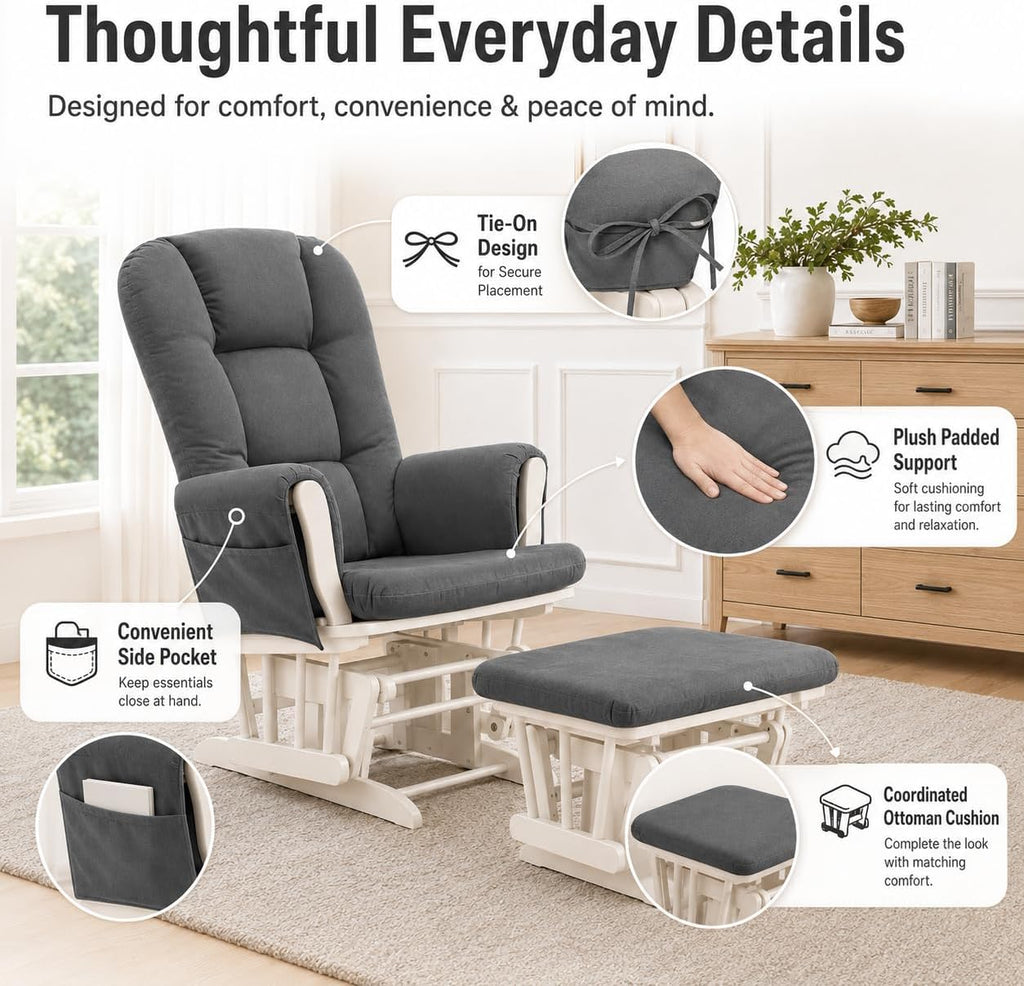 Glider Rocker Cushions Replacement Set, Thickened Rocking Chair Cushions with Side Storage Pockets and Ties, Soft Glider Chair Cushion Pads for Nursery Rocker,Brown