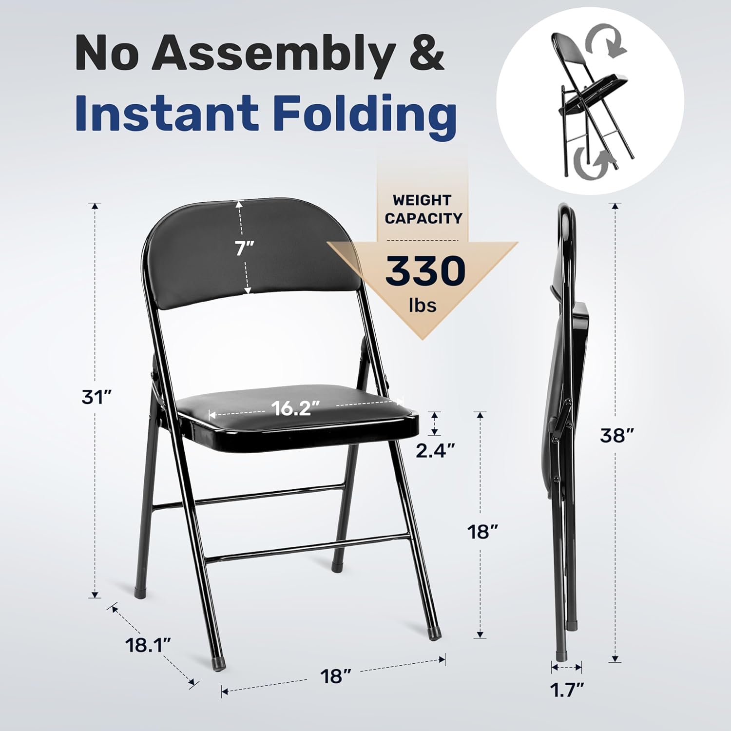 Simple Deluxe Dining Chairs Set of 4, Leather Cushion Foldable Contemporary Kitchen Side Chair with Padded Back & Sturdy Metal Legs, Upholstered Seat for Home/Living Room/Bedroom/Cafe, Black