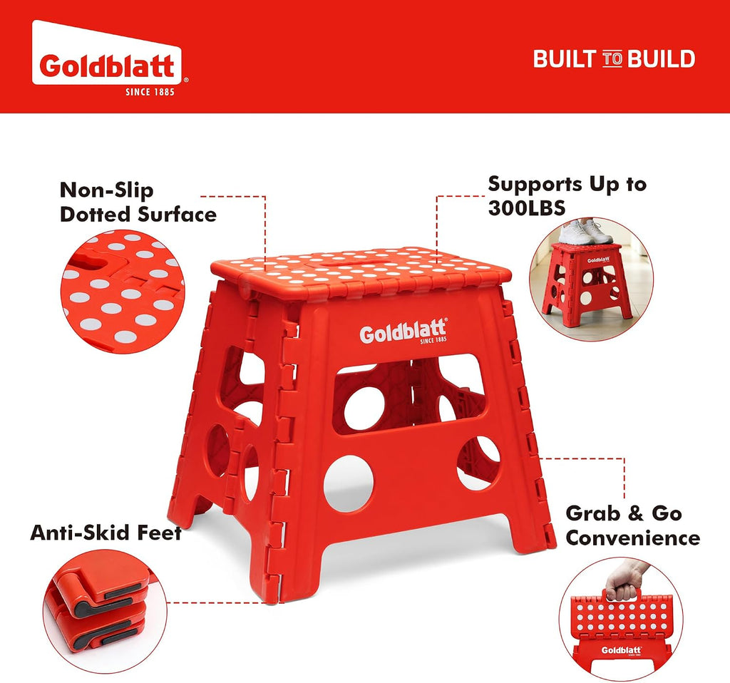 Goldblatt 12.5" Folding Step Stool 2-Pack for Adults and Kids, Lightweight Heavy-Duty Plastic Portable Foldable Stool with Non-Slip Top and Anti-Skid Feet, 300 lbs Capacity, Kitchen & Bathroom, Red