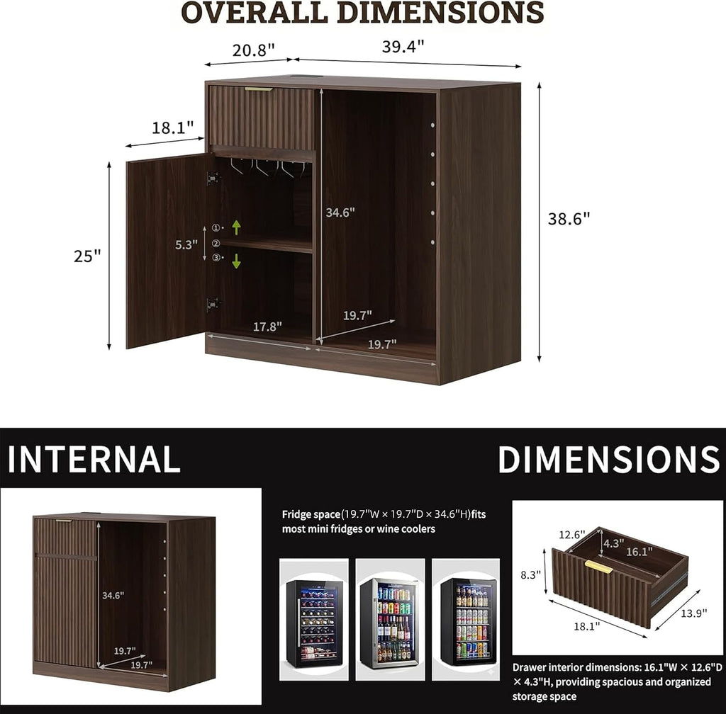 Mini Fridge Cabinet with Power Outlet, Coffee Bar Cabinet with Fridge Space & Wine Glass Rack, Fluted Buffet Sideboard with Drawer & Adjustable Shelf, Home Bar Cabinet for Living, Dining Room Kitchen