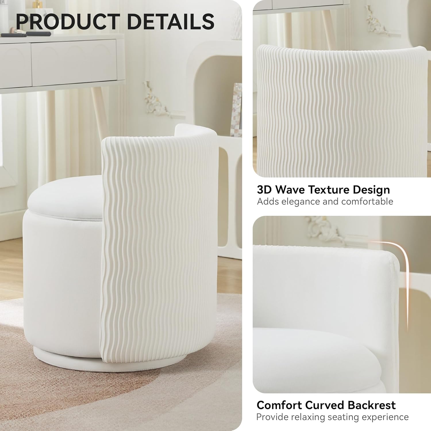 WUTUTUEE Velvet Vanity Chair with Storage, 360° Swivel Makeup Chair with Wave Back, No Assembly Small Accent Stool for Bedroom, Dressing, Living Room, White