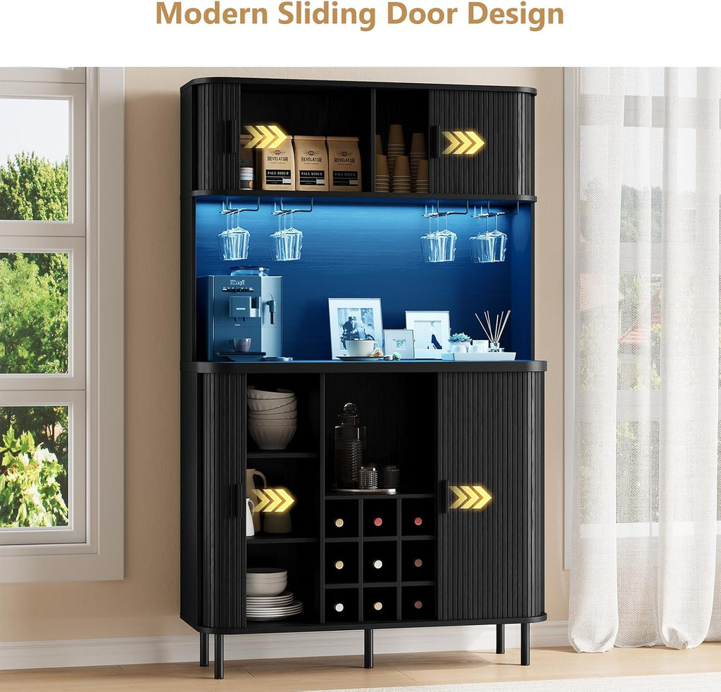 ONBRILL 71" Tall Wine Bar Cabinet with Storage, Fluted Wood Coffee Bar Cabinet with LED Lights, Modern Liquor Cabinet for Home with Wine Glass Racks, Large Home Bar for Living Room Kitchen
