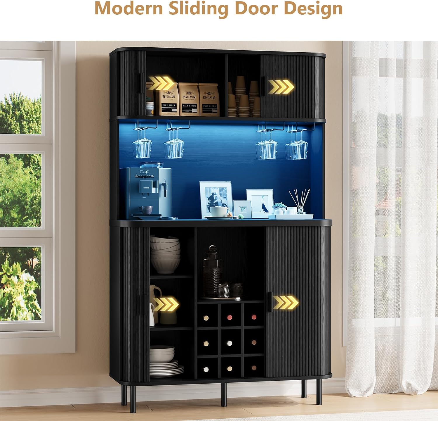 ONBRILL 71" Tall Wine Bar Cabinet with Storage, Fluted Wood Coffee Bar Cabinet with LED Lights, Modern Liquor Cabinet for Home with Wine Glass Racks, Large Home Bar for Living Room Kitchen