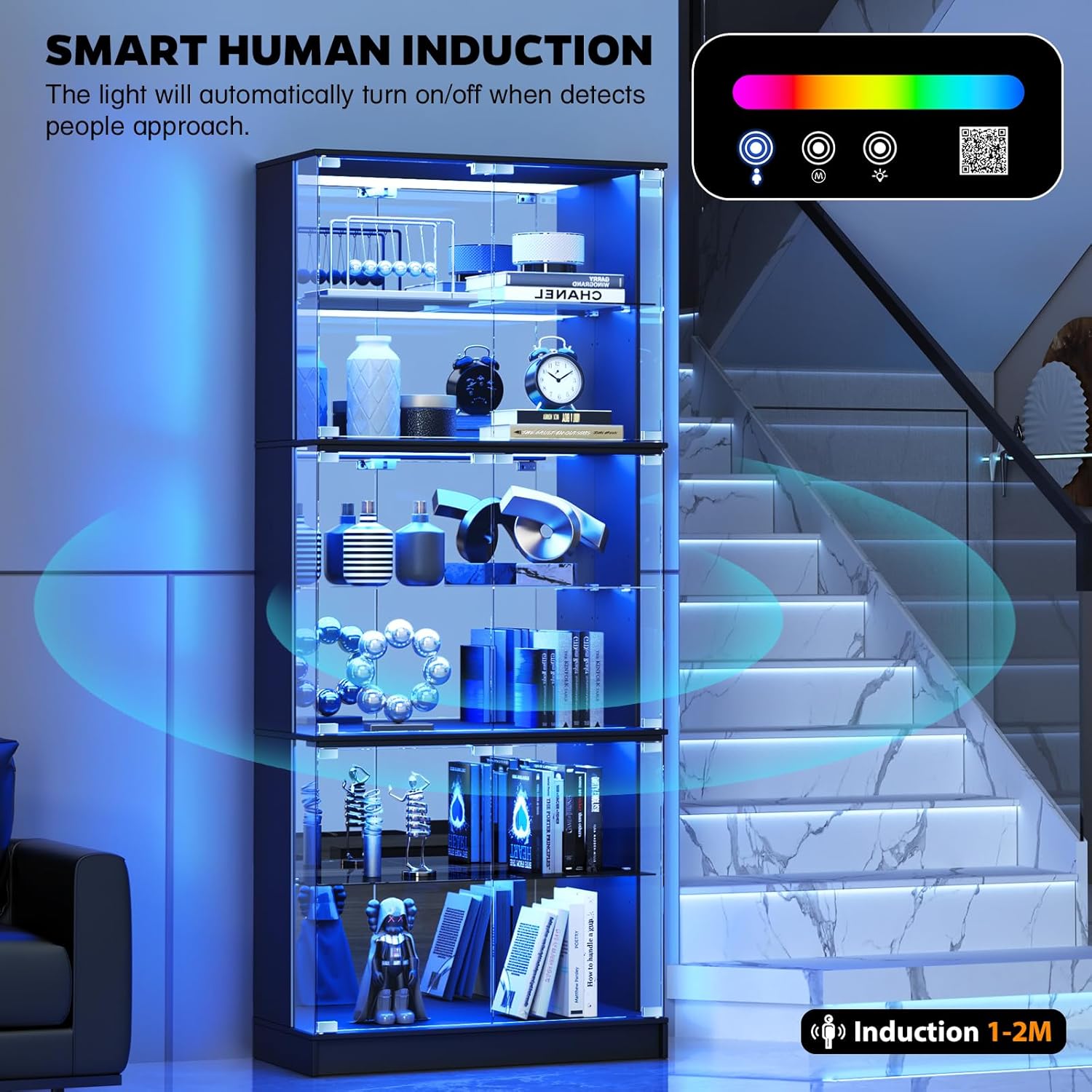VersionTECH. Display Cabinet with Glass Doors, 6-Tier 71'' Tall Curio Cabinet with RGB Lights for Collectibles, Display Case with Adjustable Glass Shelves, Human Body Sensor, Mirror Backing, Black