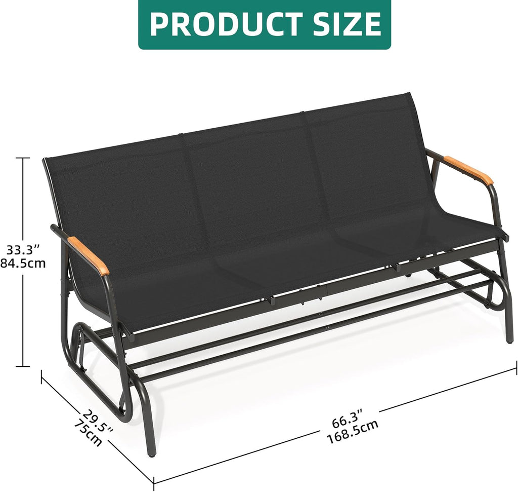 YITAHOME 3-Person Glider Bench 660Lbs Capacity, Outdoor Glider Bench w/Coated Steel Frame & Breathable Textilene for Longer Seating Comfort, All Weather Outdoor Bench for Backyard Deck Garden, Black