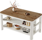 63-Inch Solid Wood Kitchen Island with Storage Shelves, Farmhouse Island Table with Seating, Counter Height Bar Table for Dining Room, Kitchen, Easy to Assemble, White and Brown