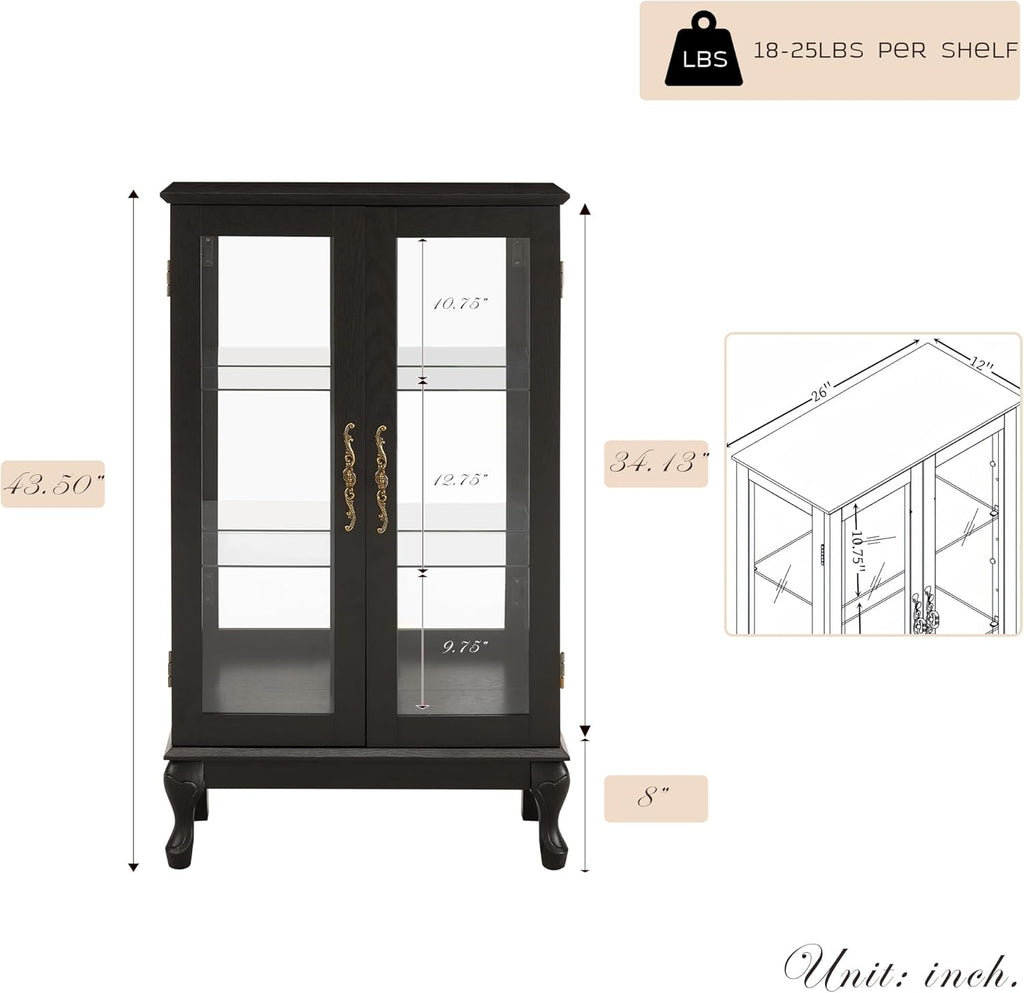 44" Small Lighted Glass Accent Curio Cabinet, Vintage China Cage with 2 Tempered Glass Doors & Adjustable Shelves, Acrylic Mirrored Pane, Elegant Wine Artwork Showcase for Living Room/Kitchen (Black)