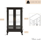 44" Small Lighted Glass Accent Curio Cabinet, Vintage China Cage with 2 Tempered Glass Doors & Adjustable Shelves, Acrylic Mirrored Pane, Elegant Wine Artwork Showcase for Living Room/Kitchen (Black)