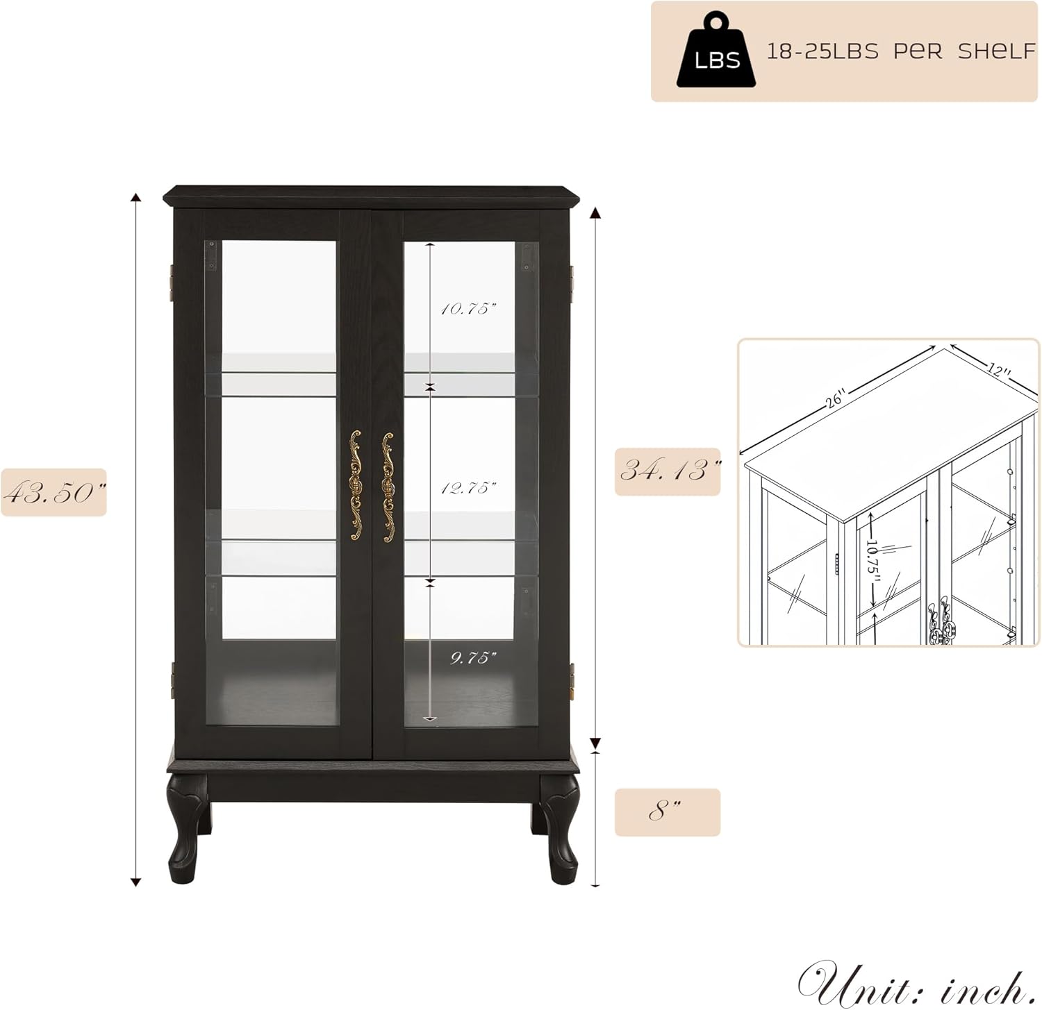 44" Small Lighted Glass Accent Curio Cabinet, Vintage China Cage with 2 Tempered Glass Doors & Adjustable Shelves, Acrylic Mirrored Pane, Elegant Wine Artwork Showcase for Living Room/Kitchen (Black)