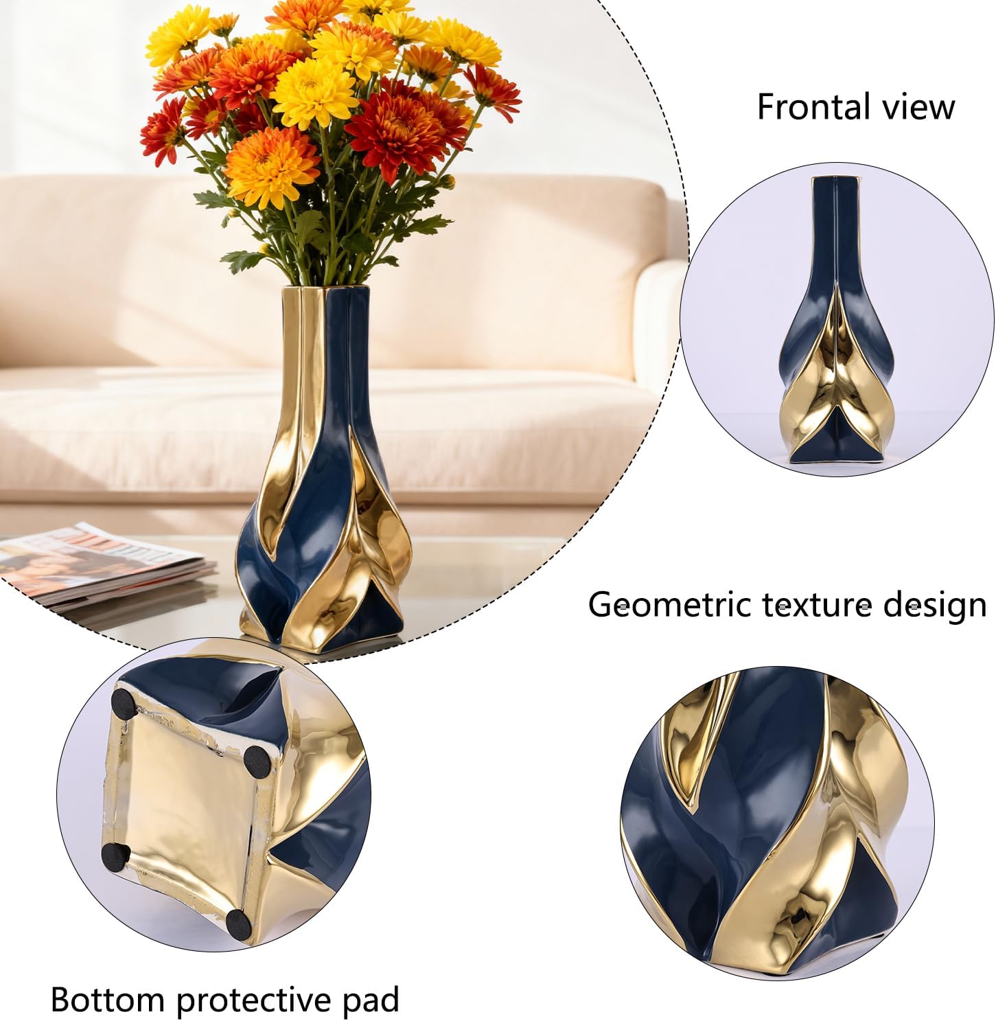 10.6" Blue and Gold Ceramic Vase, Modern Geometric Flower Vase for Dining Table Centerpiece, Elegant Decorative Vase for Pampas Grass, Living Room, Bedroom, Office, Tabletop Decoration