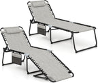 GYMAX Lounge Chair for Outside, 440lbs 27” Oversize Folding Beach Tanning Sunbath Chair with Adjustable Backrest & Removable Pillow, Lightweight Portable Patio Lounger for Lawn Poolside (2, Ashy)