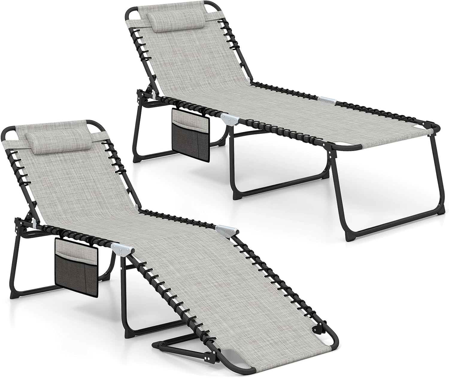 GYMAX Lounge Chair for Outside, 440lbs 27” Oversize Folding Beach Tanning Sunbath Chair with Adjustable Backrest & Removable Pillow, Lightweight Portable Patio Lounger for Lawn Poolside (2, Ashy)