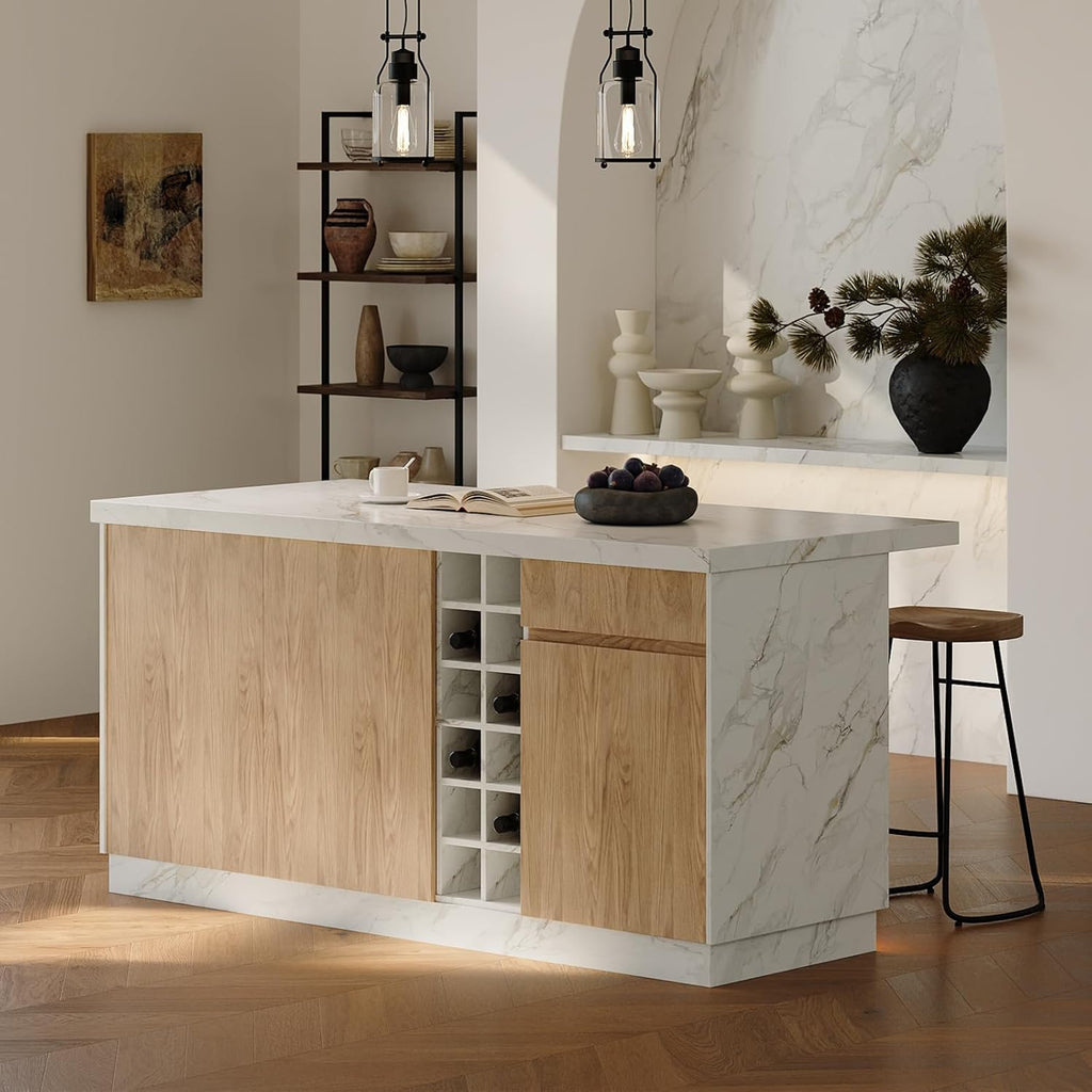 homary Kitchen Island with Storage & LED, 72" White Wood Islands with Wine Rack, Drawers & Shelves, Modern Kitchen Table for Dining Room, Prep & Gatherings, Without Chair